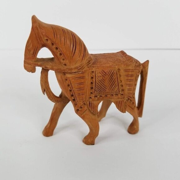 Handcrafted 4" Wooden Horse Figurine With Intricate Tribal Carvings - Picture 2 of 10